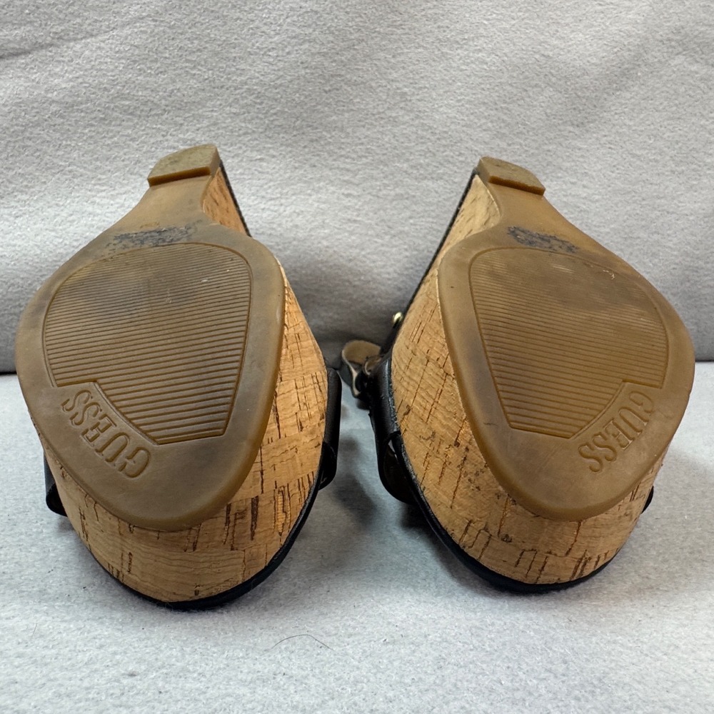 Boho Black Gold Guess Wedge Sandals Womens 10 Leather Cork Platform Strappy - Picture 5 of 9